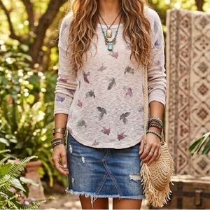 Ginger Whimsical Bird Print Knit Sweater Top Cream Pink Lightweight Boho Indie